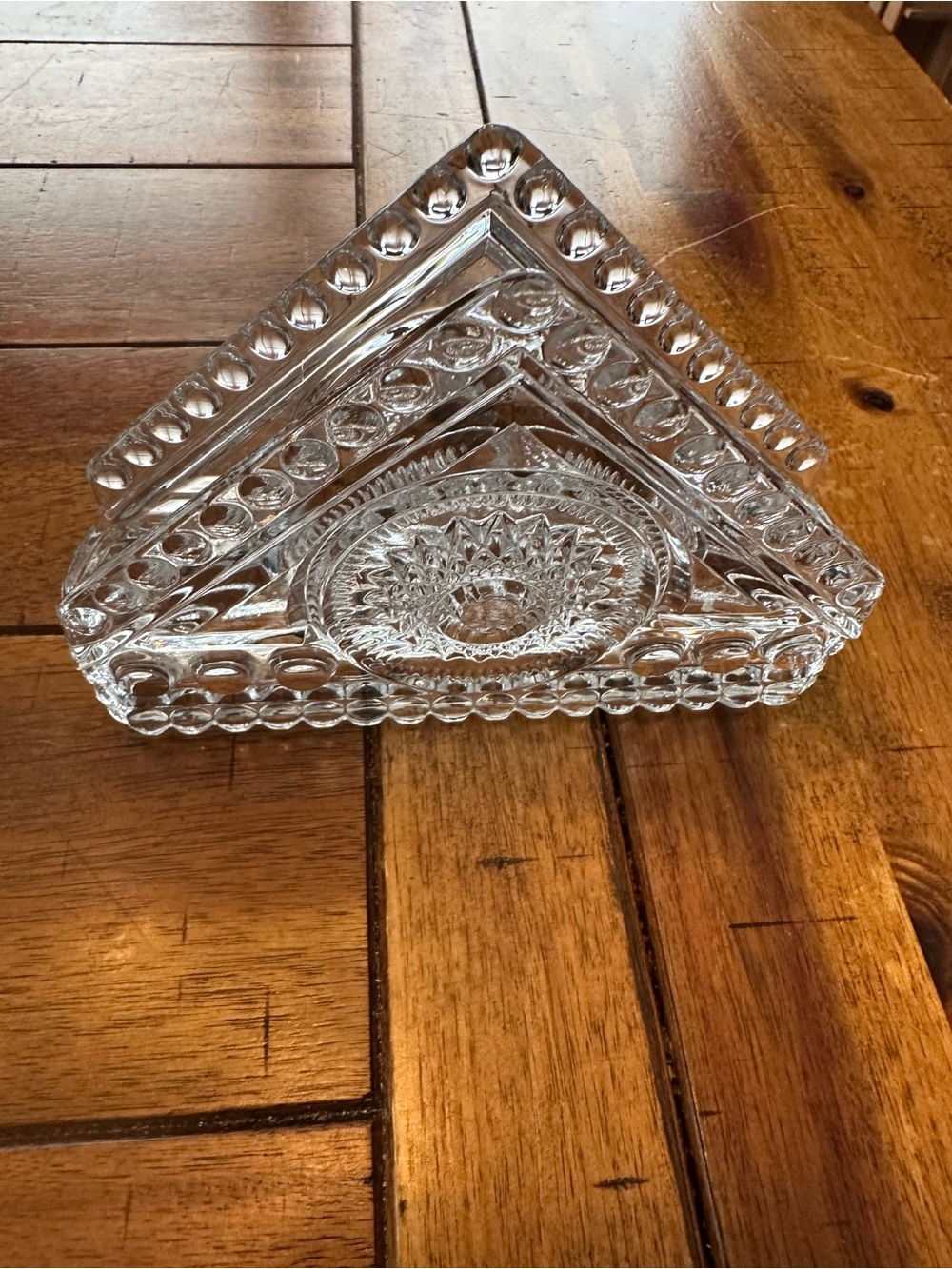 vintage clear pressed glass triangular napkin holder
